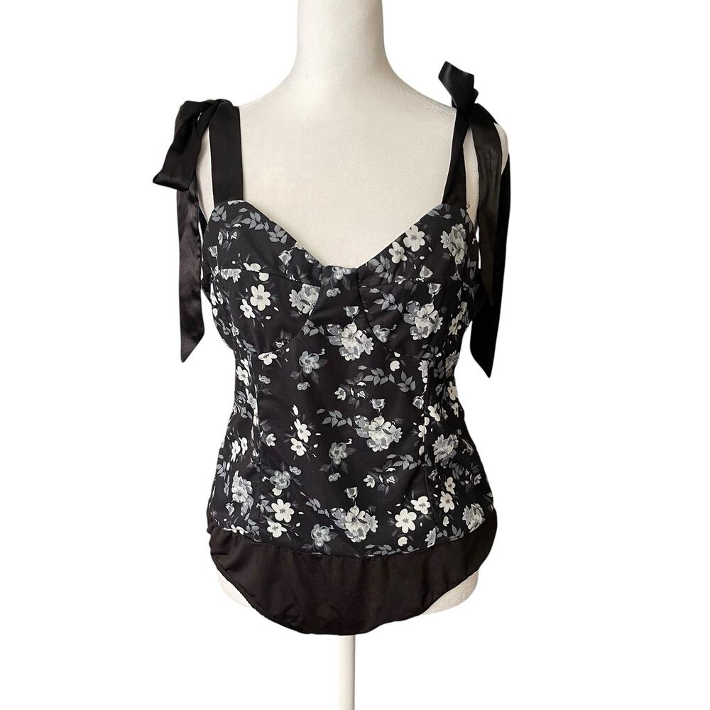 NWT Lulu's Womens XL Bodysuit Tank Top Tie Straps Black Gray Floral Thong Snap